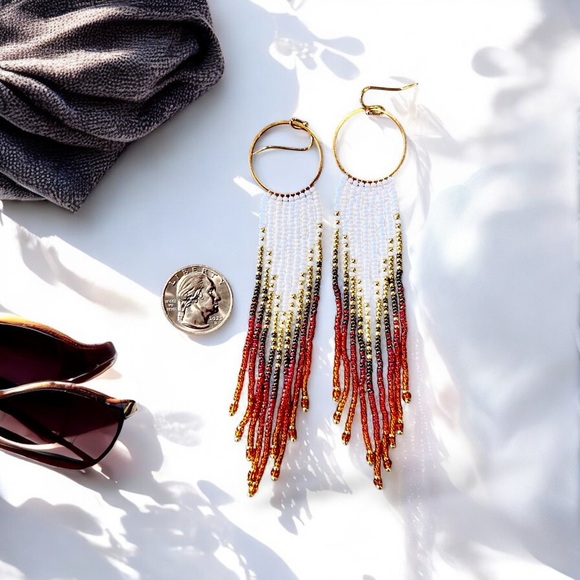 Sunset Ombré Beaded Fringe Earrings: Seed Bead Boho Earrings Chandelier Earrings - Picture 15 of 16